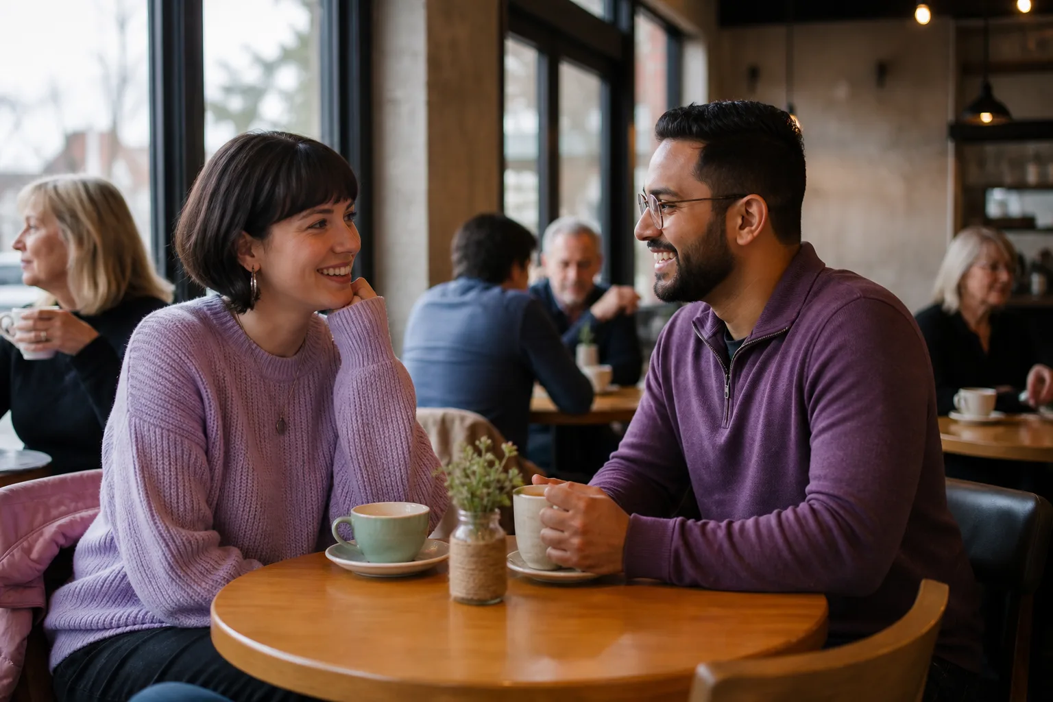 Two people chatting over coffee in Paisley town centre