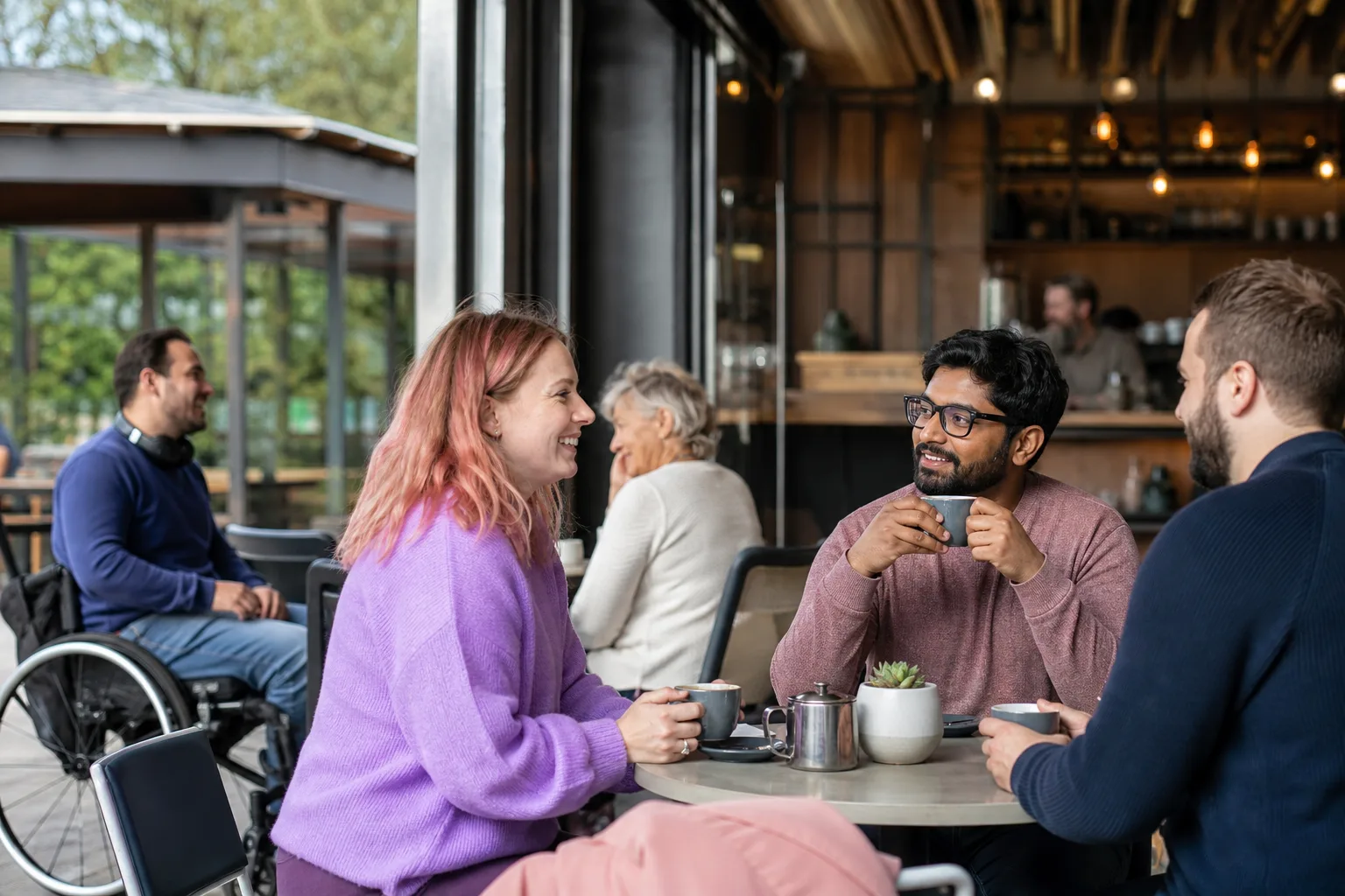 Two people talking over coffee in a Strathclyde town centre