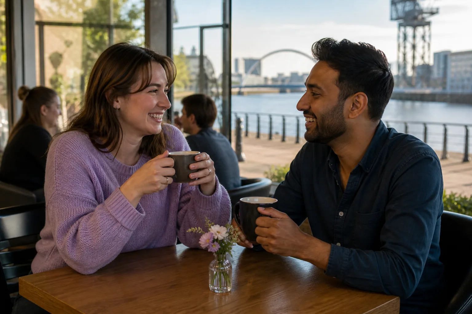 Two people meeting over coffee in a busy Strathclyde town centre