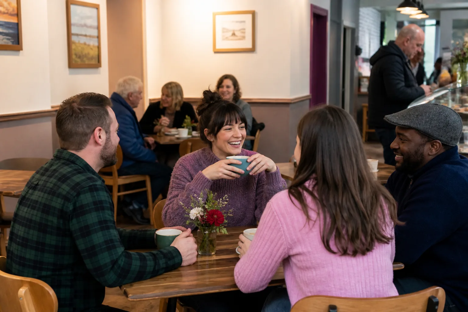 Adults chatting during a sociable group walk in Lanarkshire