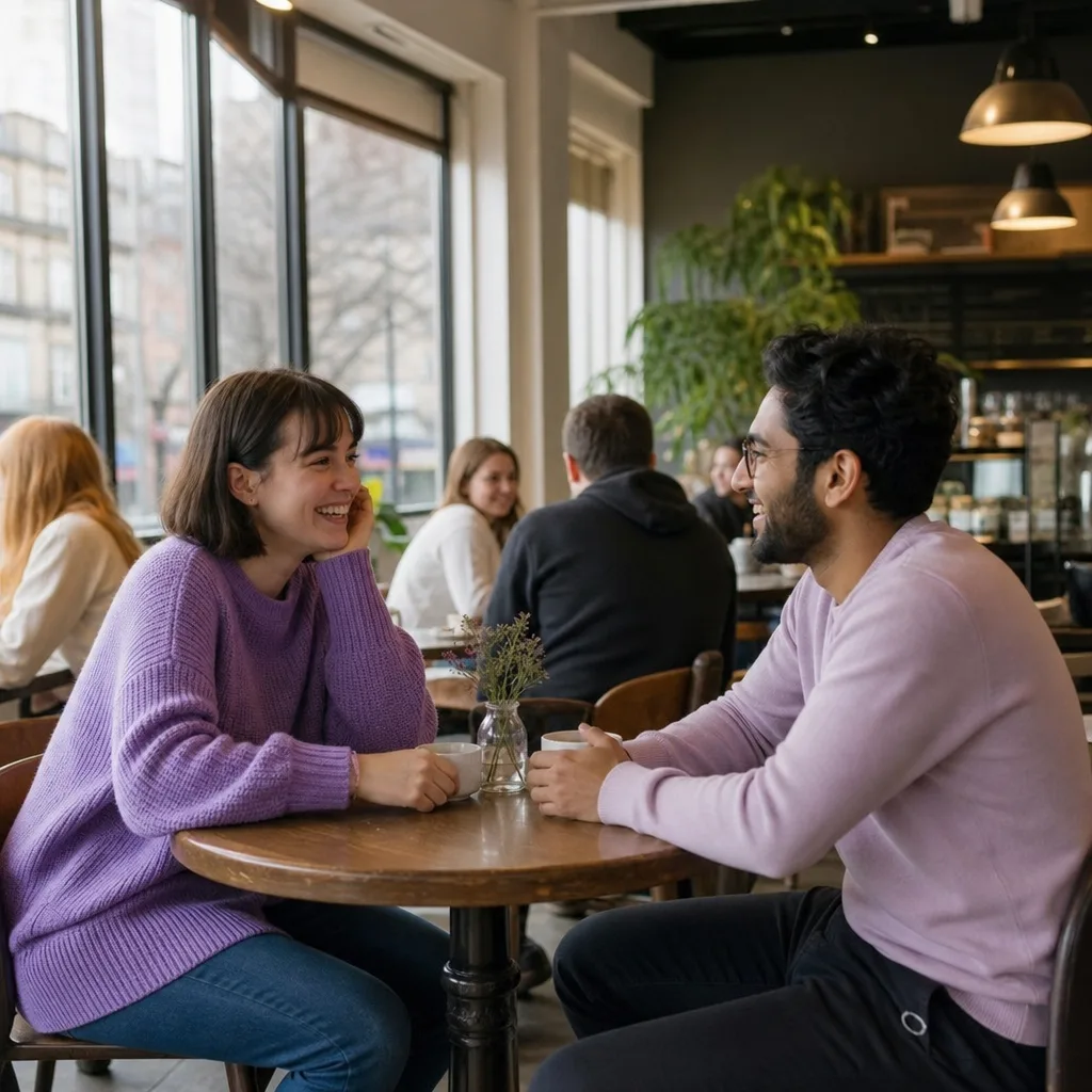 Two people talking over coffee near Kelvingrove in Glasgow