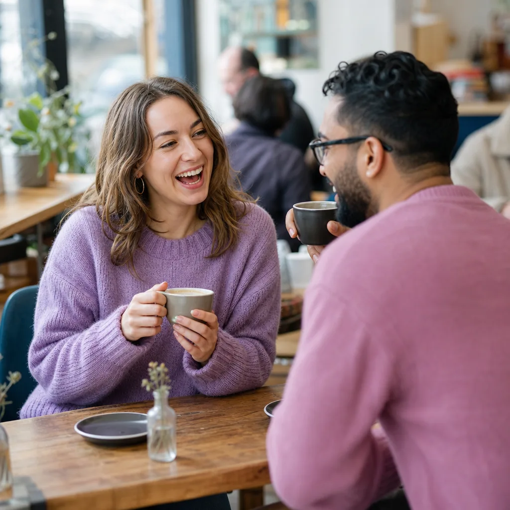 Two local singles having a relaxed conversation through an online dating site