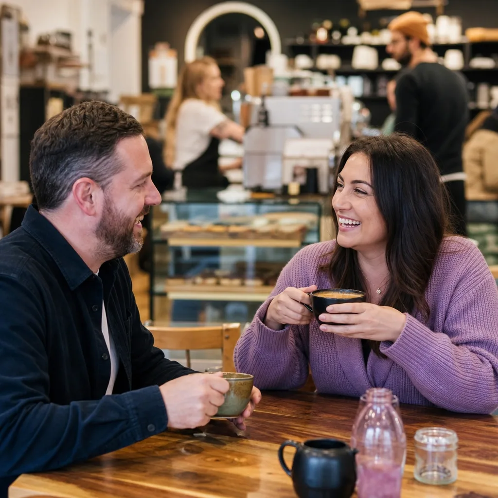 A couple meeting at a busy café in Renfrewshire