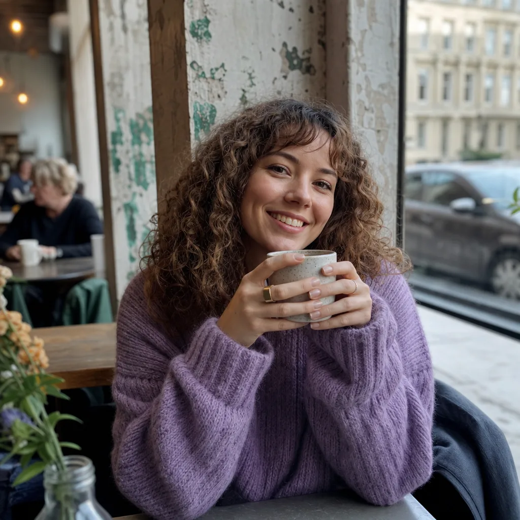 Woman drafting an honest dating profile bio at a café table