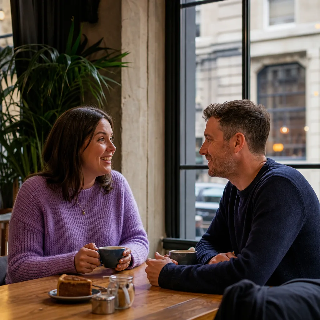 Two adults meeting outside a café near Paisley town centre